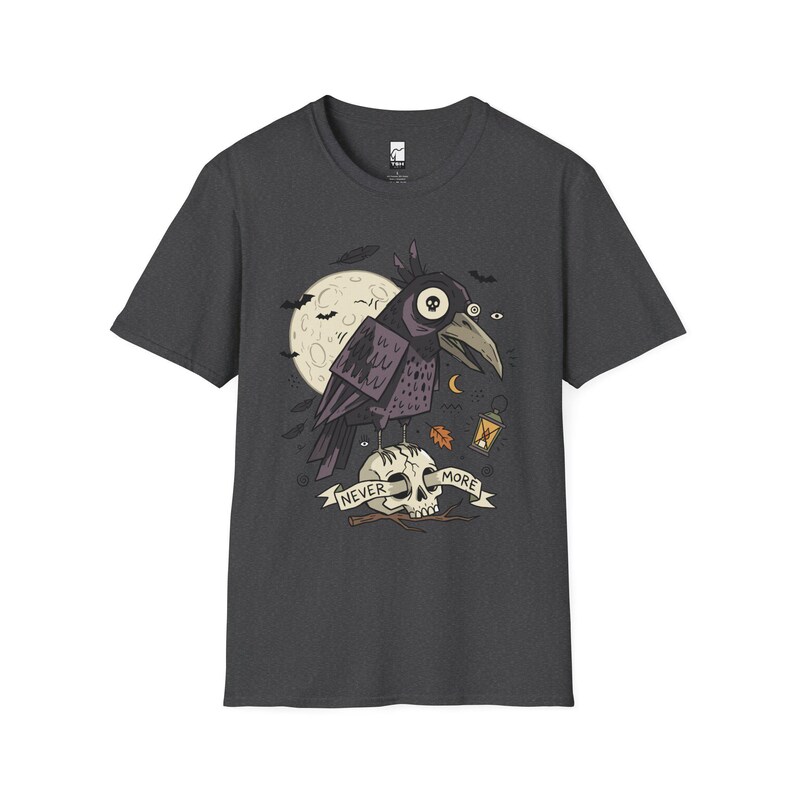 Halloween Raven Skull Shirt | Gothic Crow Graphic Tee | Full Moon T Shirt | Dark Academia Tattoo Flash Top | Spooky Season Fall Gift Tee Dark Heather