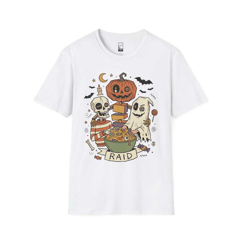 Vintage Halloween Shirt | Skeleton Ghost T Shirt | Spooky Candy Bowl Tee | Pumpkin Trick Or Treat Tee | Retro Spooky Tee | Unisex Gift White