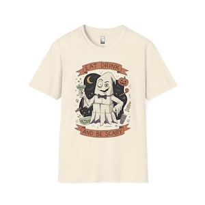 Eat Drink Ghost T-Shirt | Halloween Ghost Cocktail Tee Natural