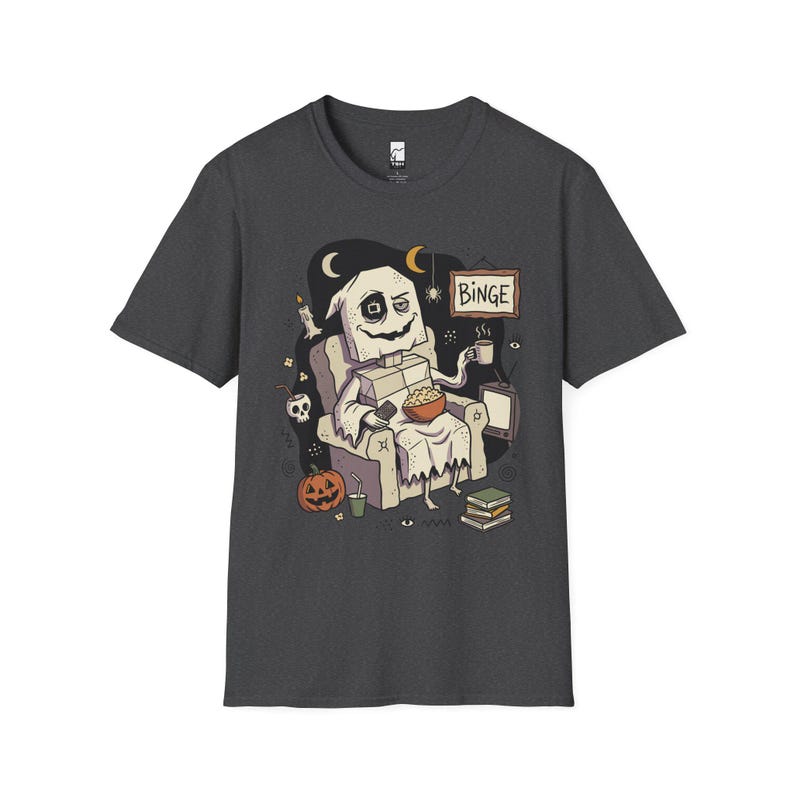 Cozy Halloween Ghost Shirt | Movie Night Graphic Tee | Spooky Season T Shirt | Autumn Binge Watching Tee | Vintage Cozy Tee | Unisex Gift Dark Heather