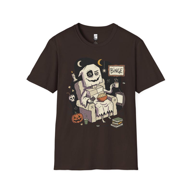 Cozy Halloween Ghost Shirt | Movie Night Graphic Tee | Spooky Season T Shirt | Autumn Binge Watching Tee | Vintage Cozy Tee | Unisex Gift Dark Chocolate