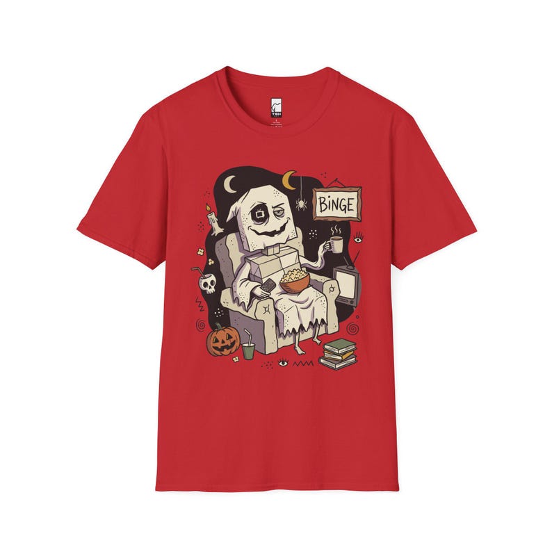 Cozy Halloween Ghost Shirt | Movie Night Graphic Tee | Spooky Season T Shirt | Autumn Binge Watching Tee | Vintage Cozy Tee | Unisex Gift Red