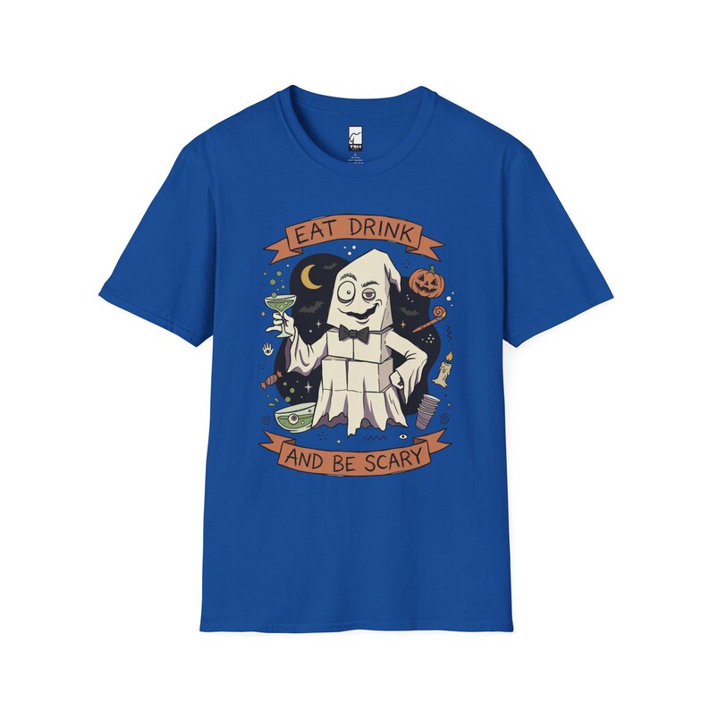 Eat Drink Ghost T-Shirt | Halloween Ghost Cocktail Tee Royal
