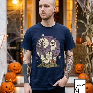 Unisex Graveyard T-Shirt | Spooky Halloween Print | Ghost and Full Moon Graphic Tee | Retro Graveyard T-Shirt
