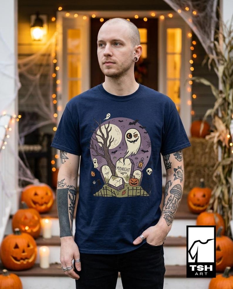 Unisex Graveyard T-Shirt | Spooky Halloween Print | Ghost and Full Moon Graphic Tee | Retro Graveyard T-Shirt
