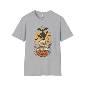 Halloween Black Cat Shirt | Skull Pumpkin Graphic Tee | Gothic Tattoo Flash T Shirt | Spooky Season Cat Lover Gift | Dark Academia Fall Top Sport Grey