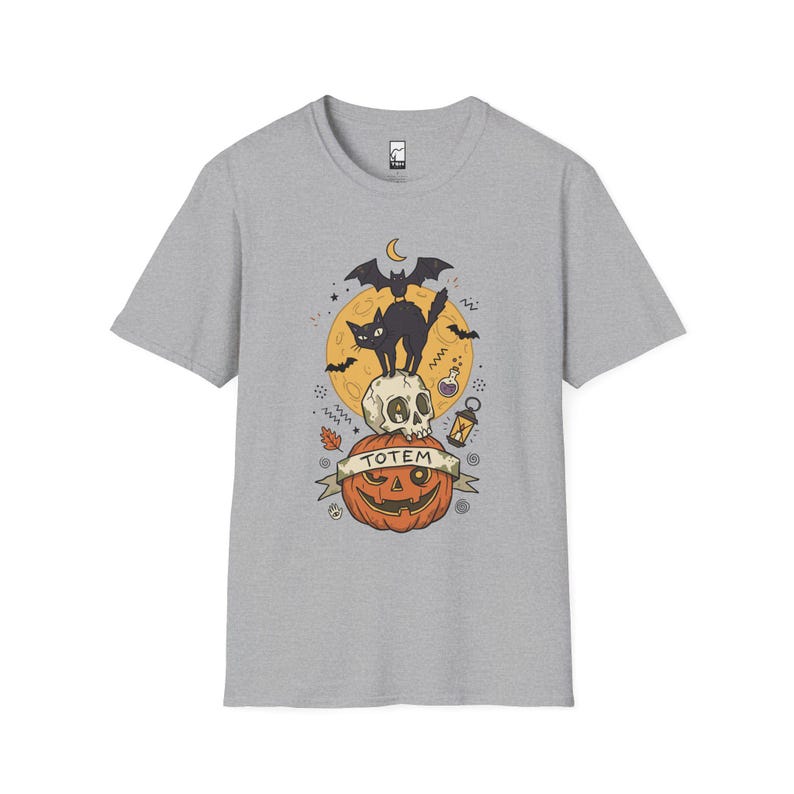 Halloween Black Cat Shirt | Skull Pumpkin Graphic Tee | Gothic Tattoo Flash T Shirt | Spooky Season Cat Lover Gift | Dark Academia Fall Top Sport Grey