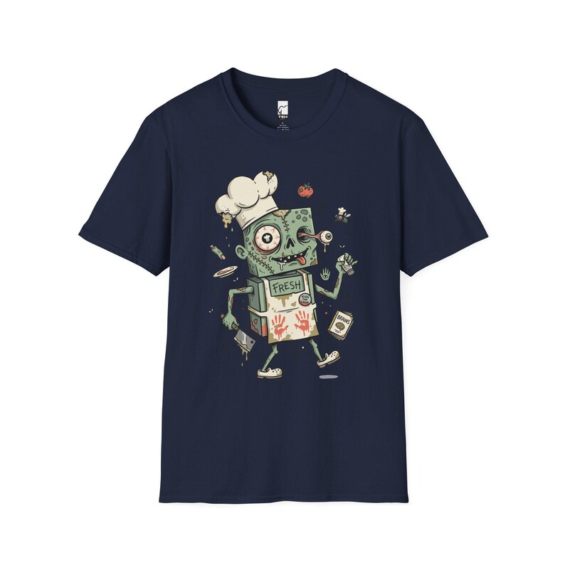 Koszulka Zombie Chef | Koszulka z grafiką Horror Cooking, odzież dla smakoszy na Halloween Navy