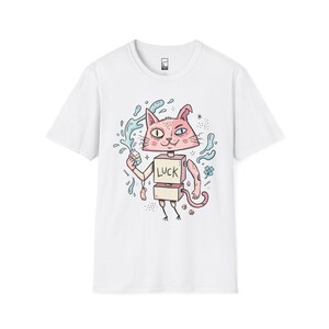 Maglietta con gatto robot surreale / Maglietta grafica con gatto rosa portafortuna, maglietta indie lowbrow art White