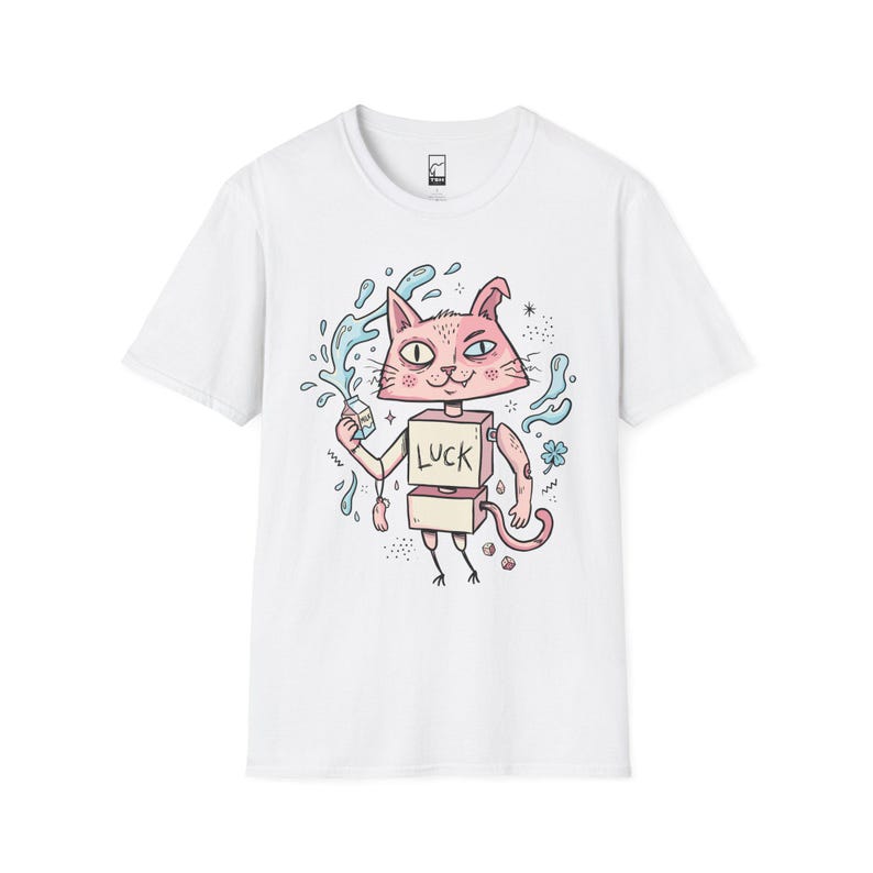 Maglietta con gatto robot surreale / Maglietta grafica con gatto rosa portafortuna, maglietta indie lowbrow art White