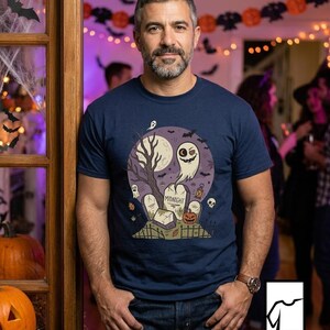 Unisex Graveyard T-Shirt | Spooky Halloween Print | Ghost and Full Moon Graphic Tee | Retro Graveyard T-Shirt