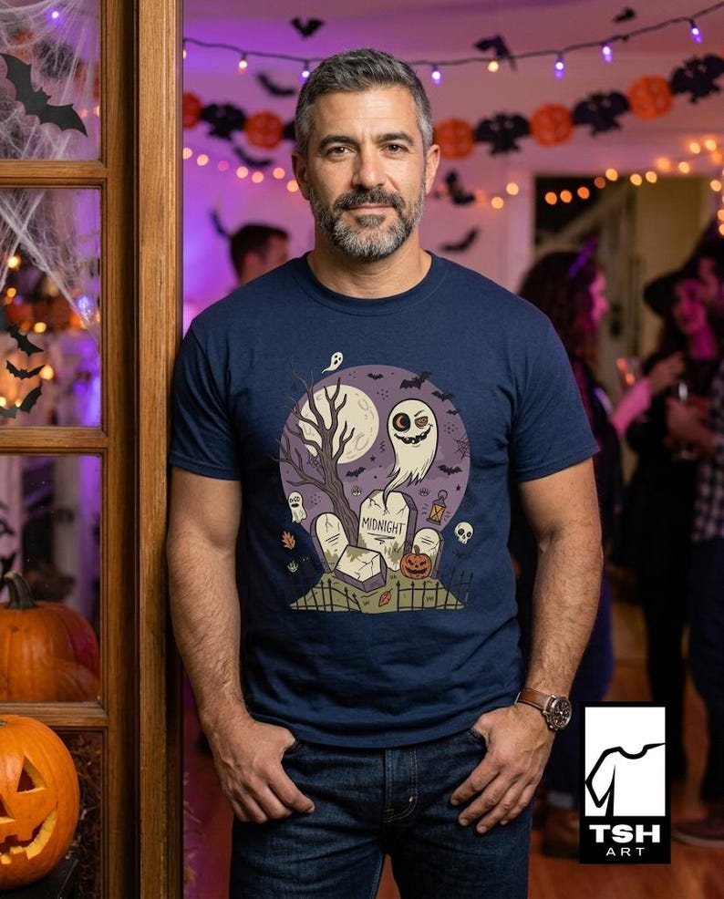 Unisex Graveyard T-Shirt | Spooky Halloween Print | Ghost and Full Moon Graphic Tee | Retro Graveyard T-Shirt