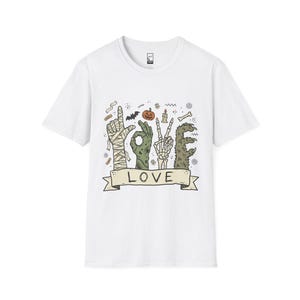 Halloween Love Shirt | Monster Hands T Shirt | Spooky Skeleton Hand Tee | Zombie Mummy Graphic Tee | Cute Creepy Fall Tee | Unisex Gift White