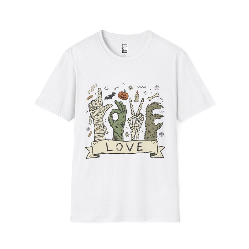 Halloween Love Shirt | Monster Hands T Shirt | Spooky Skeleton Hand Tee | Zombie Mummy Graphic Tee | Cute Creepy Fall Tee | Unisex Gift White