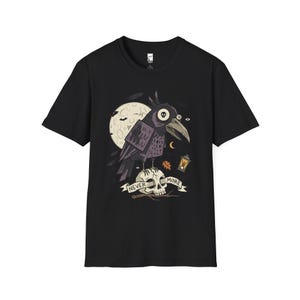 Halloween Raven Skull Shirt | Gothic Crow Graphic Tee | Full Moon T Shirt | Dark Academia Tattoo Flash Top | Spooky Season Fall Gift Tee Black