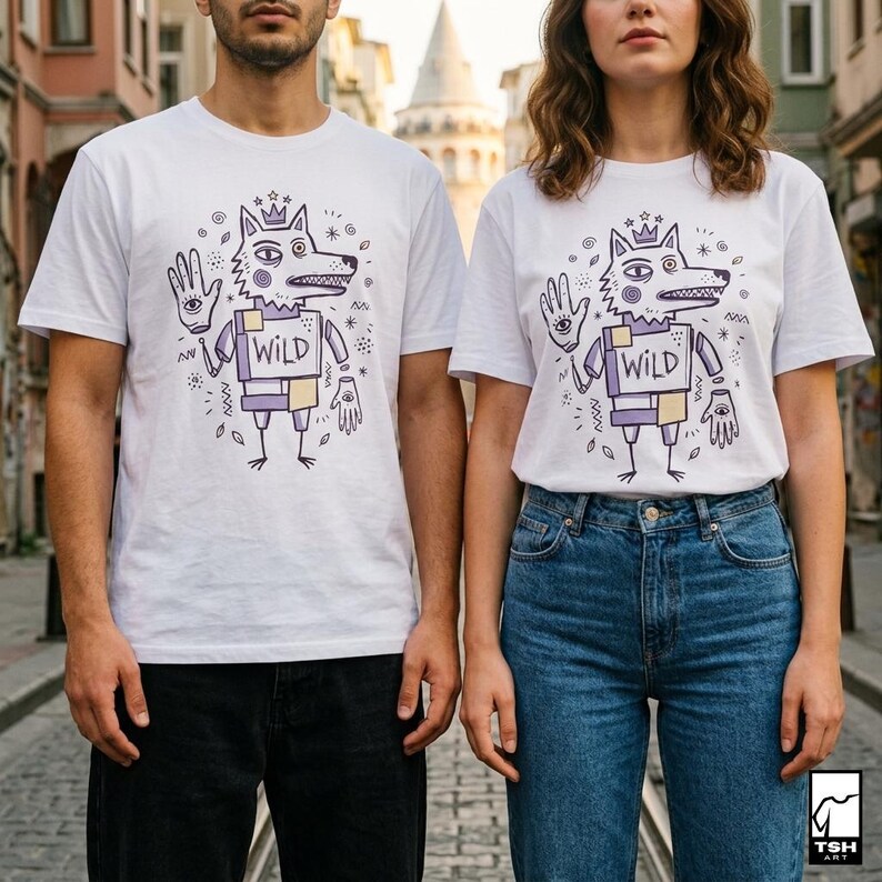 May include: White t-shirts featuring a purple and yellow cartoon wolf design. The wolf has a crown, an eye on its palm, and the word "WILD" on its chest. The shirts are worn by two people.