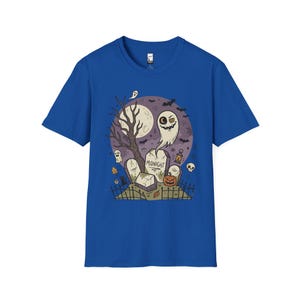Unisex Graveyard T-Shirt | Spooky Halloween Print | Ghost and Full Moon Graphic Tee | Retro Graveyard T-Shirt Royal
