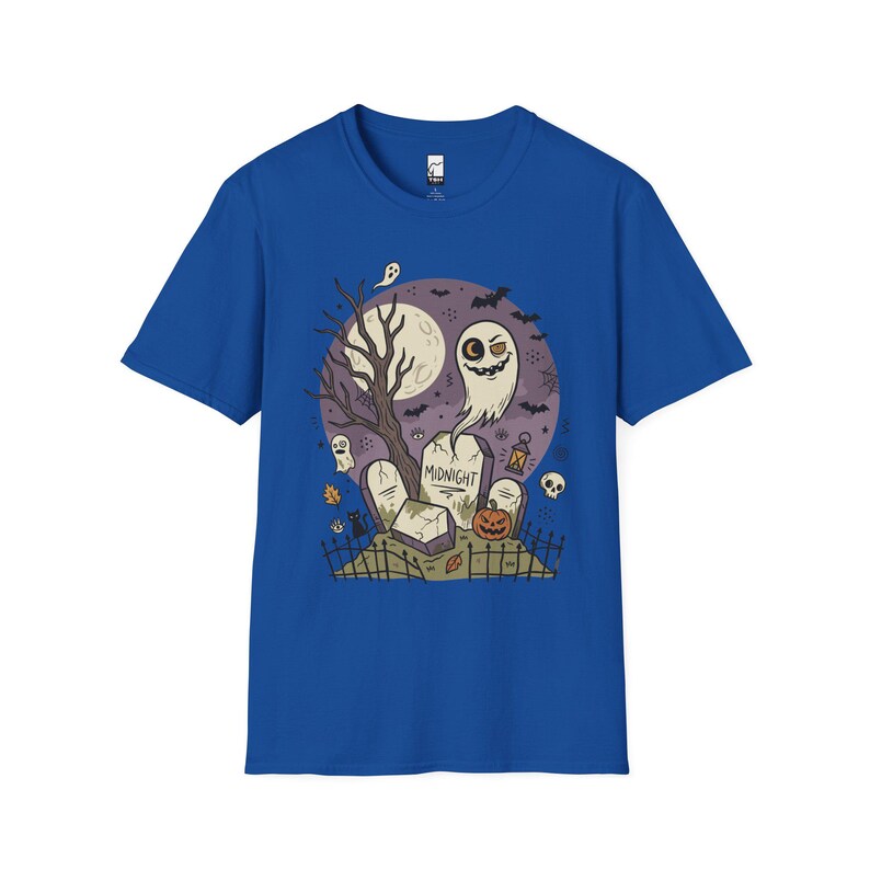 Unisex Graveyard T-Shirt | Spooky Halloween Print | Ghost and Full Moon Graphic Tee | Retro Graveyard T-Shirt Royal