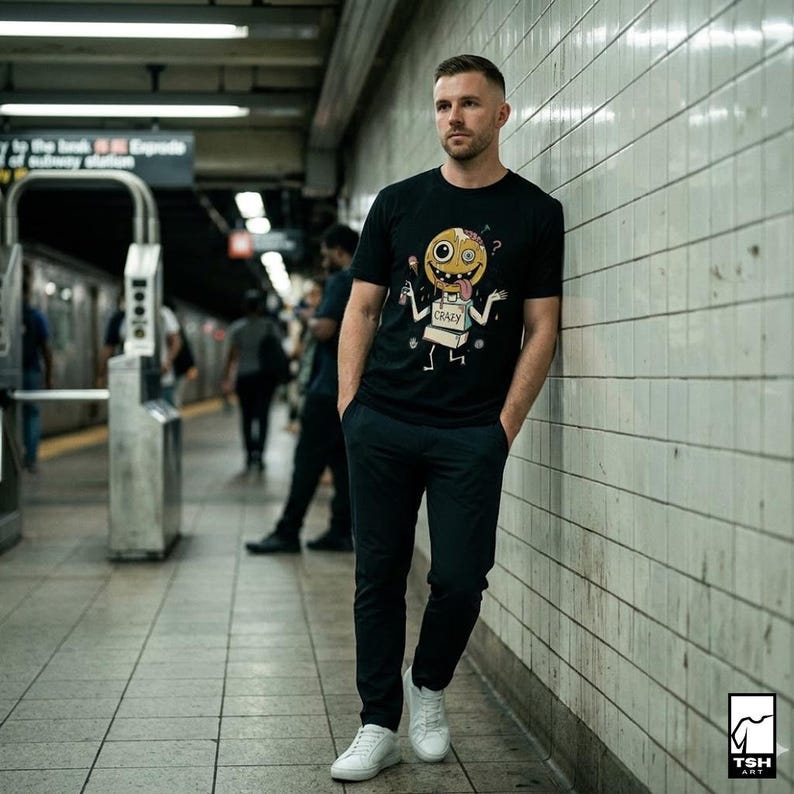 May include: Black t-shirt featuring a cartoon character with the word "Crazy" on a box. The person is wearing black trousers and white trainers. The background is a subway station.