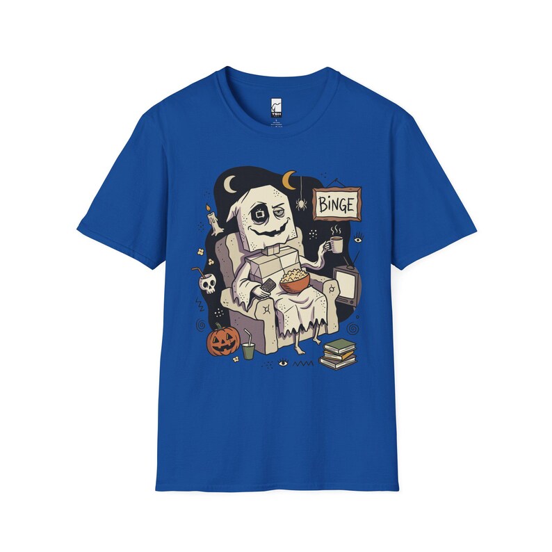 Cozy Halloween Ghost Shirt | Movie Night Graphic Tee | Spooky Season T Shirt | Autumn Binge Watching Tee | Vintage Cozy Tee | Unisex Gift Royal