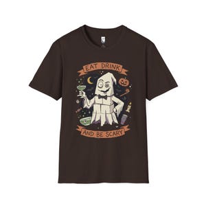 Eat Drink Ghost T-Shirt | Halloween Ghost Cocktail Tee Dark Chocolate