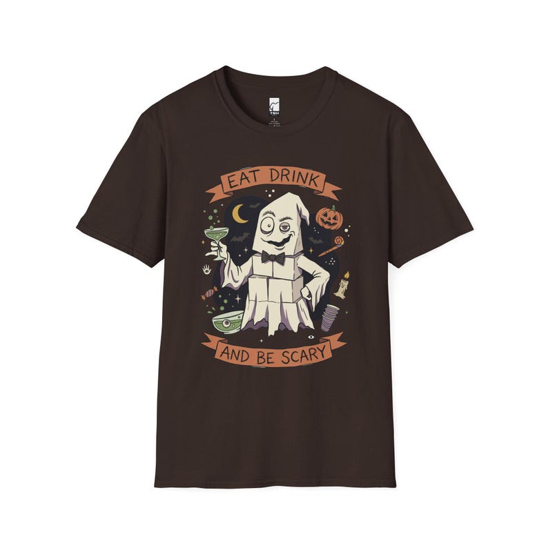 Eat Drink Ghost T-Shirt | Halloween Ghost Cocktail Tee Dark Chocolate