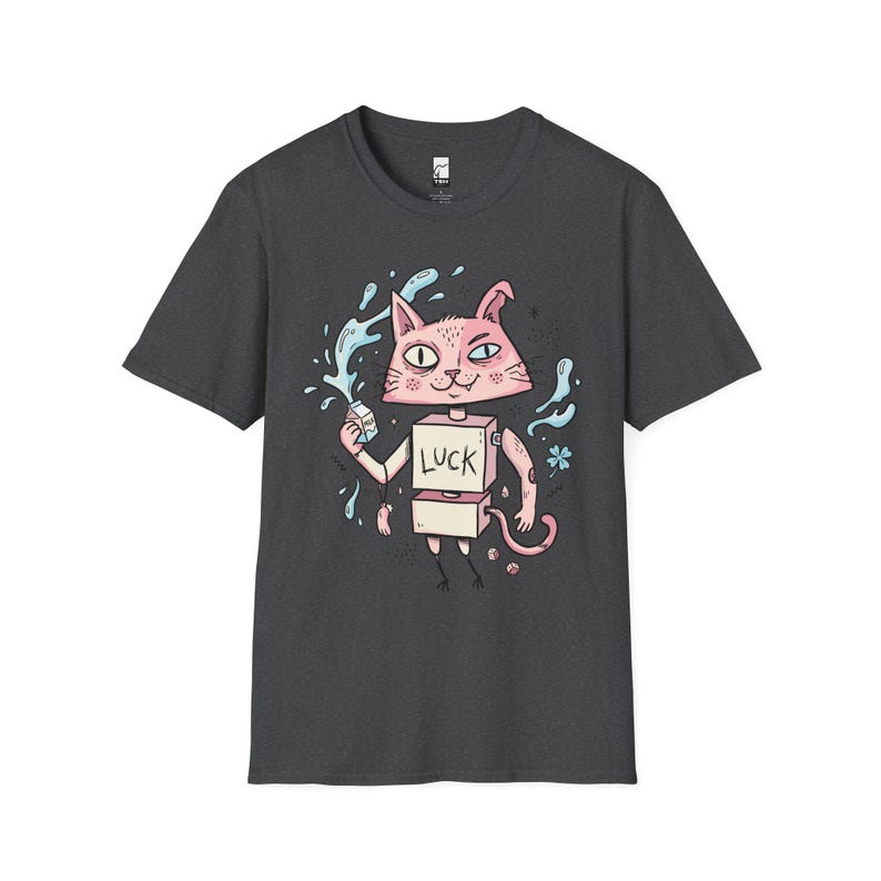 Maglietta con gatto robot surreale / Maglietta grafica con gatto rosa portafortuna, maglietta indie lowbrow art Dark Heather