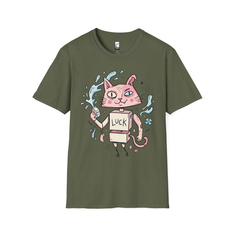 Maglietta con gatto robot surreale / Maglietta grafica con gatto rosa portafortuna, maglietta indie lowbrow art Military Green