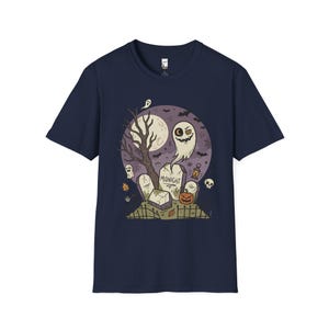 Unisex Graveyard T-Shirt | Spooky Halloween Print | Ghost and Full Moon Graphic Tee | Retro Graveyard T-Shirt Navy
