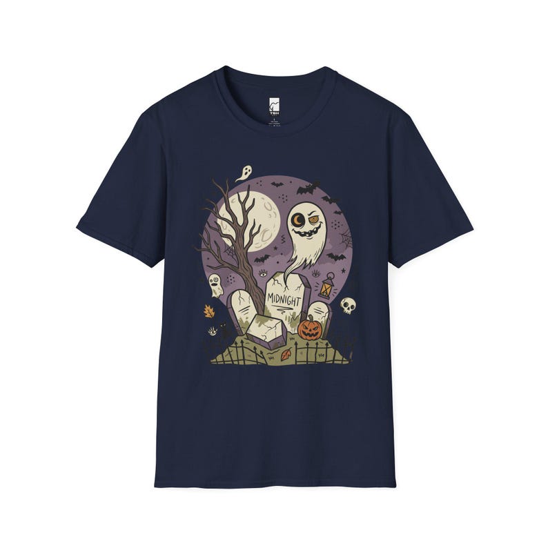 Unisex Graveyard T-Shirt | Spooky Halloween Print | Ghost and Full Moon Graphic Tee | Retro Graveyard T-Shirt Navy