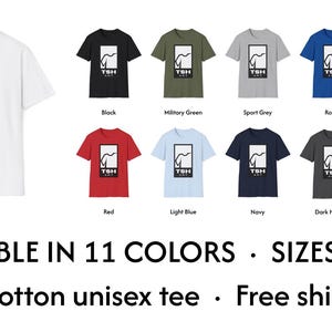 May include: A collection of eleven short-sleeved t-shirts in various colors including white, black, military green, sport grey, royal blue, natural, red, light blue, navy, dark heather, and dark chocolate, each featuring a TSH ART logo graphic.