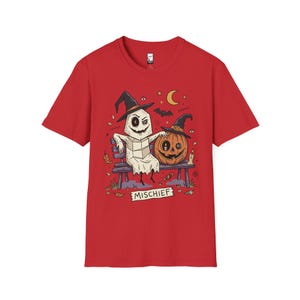Niedliches Geister-Kürbis-Shirt | Halloween-T-Shirt mit Hexenhut | Gruseliges Grafik-T-Shirt | Herbst-T-Shirt für beste Freunde | Retro-Grusel-T-Shirt | Unisex-Geschenk Red