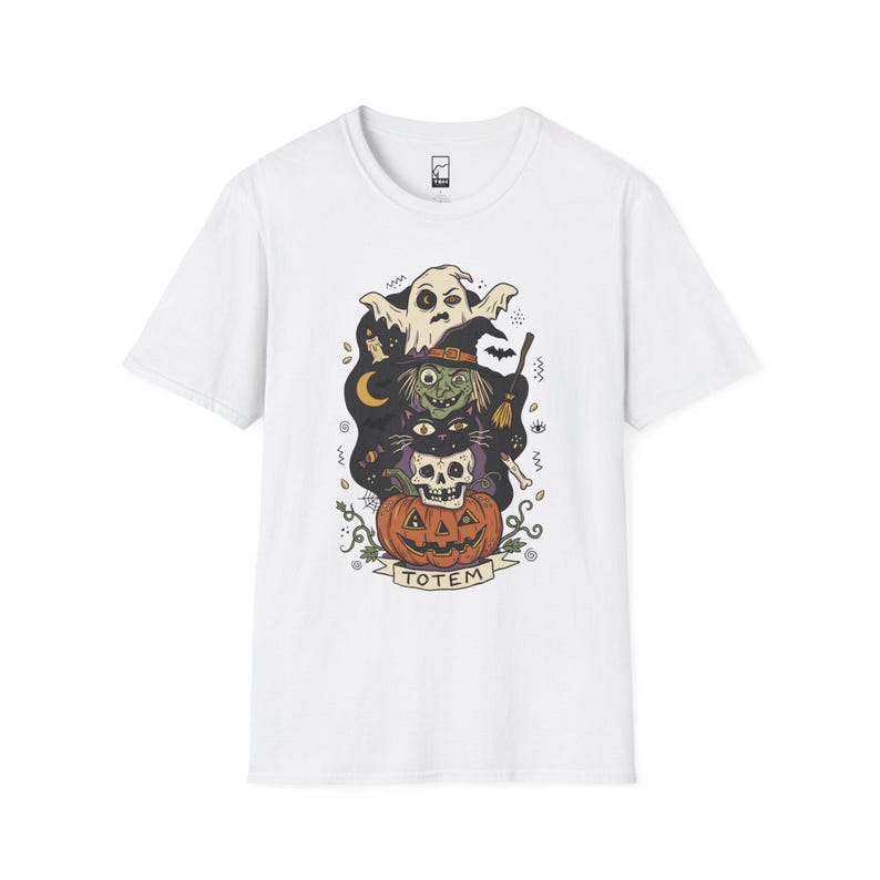 Halloween Witch Shirt | Black Cat Ghost Tee | Jack O Lantern Graphic Tee | Creepy Skull T Shirt | Retro Spooky Season Tee | Unisex Gift White