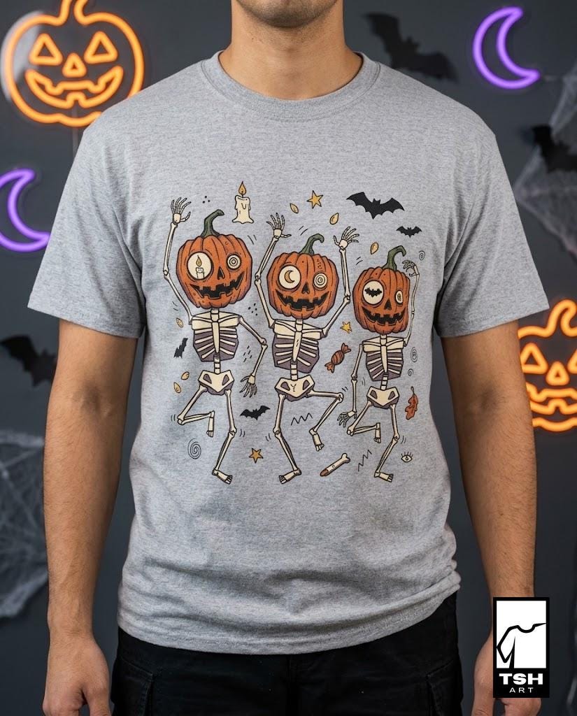 Dancing Pumpkin Skeletons T-Shirt | Halloween Jack-o'-Lanterns