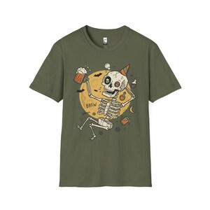 Funny Skeleton Shirt | Beer Drinking Tee | Halloween Party T Shirt | Spooky Humor Graphic Tee | Dancing Skeleton Tee | Unisex Gift Military Green