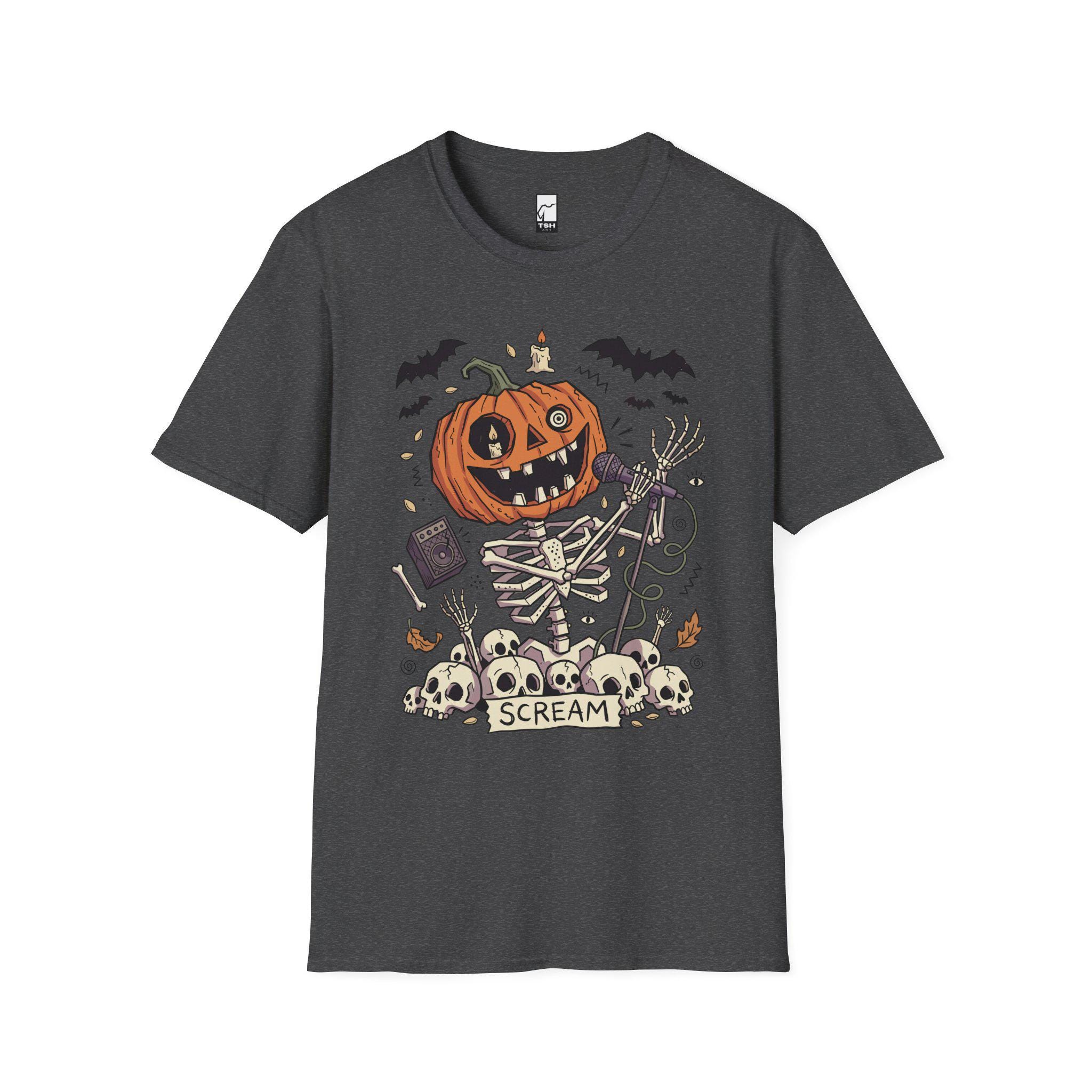 Scream Skeleton Halloween Shirt | Pumpkin Rocker T Shirt | Metal Horror Tee | Retro Fall Concert Top | Gothic Rock Clothes | Unisex Gift