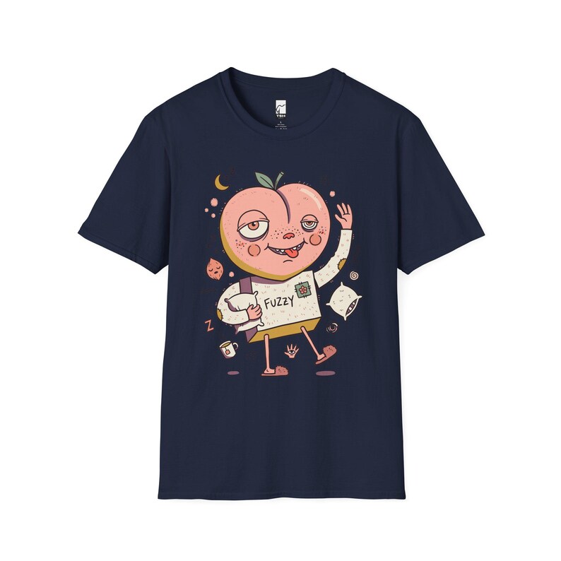 ふわふわピーチTシャツ｜のんびり朝のグラフィックTシャツ、眠そうなコーヒー好きのためのユニセックスシャツ Navy