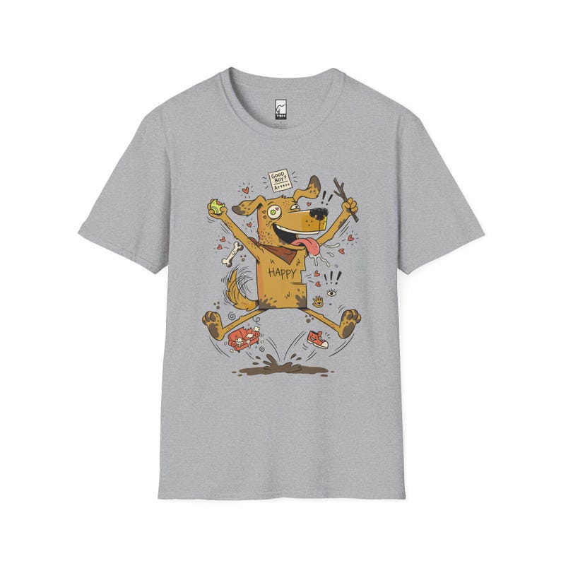 Happy Dog T-Shirt | Funny Good Boy Graphic Tee, Dog Lover Gift Sport Grey