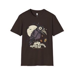 Halloween Raven Skull Shirt | Gothic Crow Graphic Tee | Full Moon T Shirt | Dark Academia Tattoo Flash Top | Spooky Season Fall Gift Tee Dark Chocolate