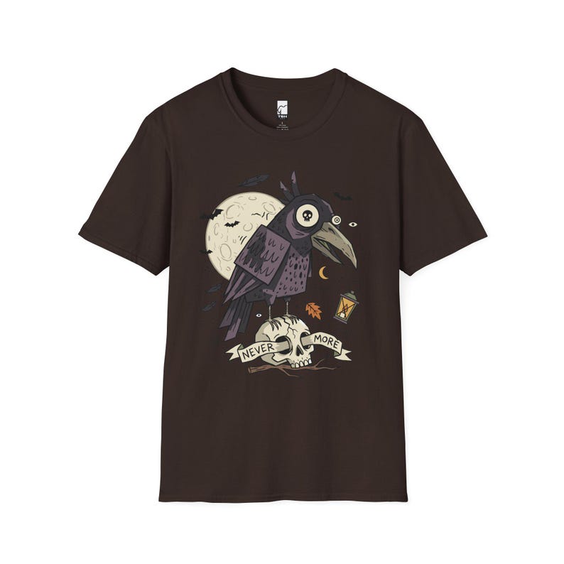 Halloween Raven Skull Shirt | Gothic Crow Graphic Tee | Full Moon T Shirt | Dark Academia Tattoo Flash Top | Spooky Season Fall Gift Tee Dark Chocolate