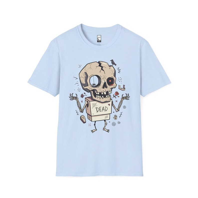Dode schedel T-shirt | Grappig Halloween-grafisch T-shirt, griezelig schattig goth-uniseks shirt, griezelig horrorliefhebber cadeau Light Blue