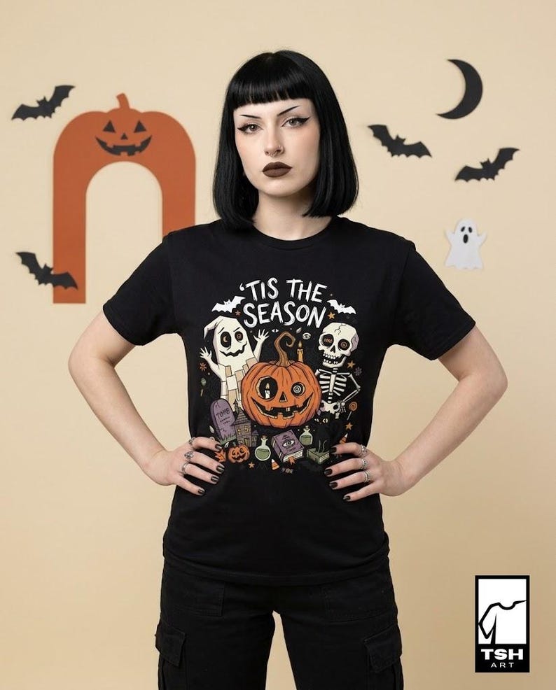 Tis The Season Halloween Shirt | Spooky Ghost T Shirt | Cute Pumpkin Graphic Tee | Retro Horror Fall Top | Gothic Cat Clothes | Unisex Gift