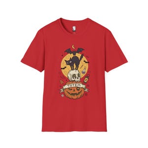 Halloween Black Cat Shirt | Skull Pumpkin Graphic Tee | Gothic Tattoo Flash T Shirt | Spooky Season Cat Lover Gift | Dark Academia Fall Top Red