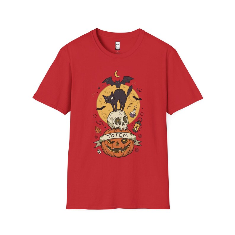 Halloween Black Cat Shirt | Skull Pumpkin Graphic Tee | Gothic Tattoo Flash T Shirt | Spooky Season Cat Lover Gift | Dark Academia Fall Top Red