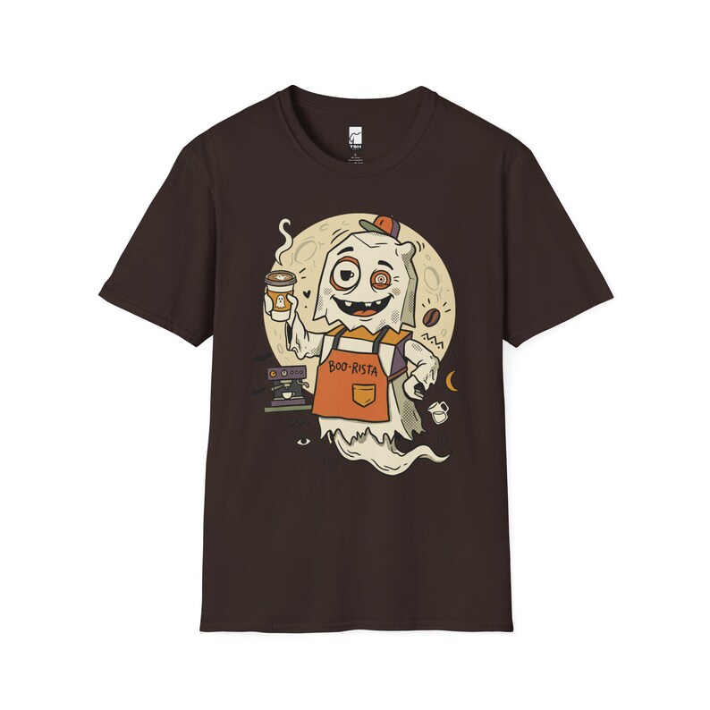Halloween Ghost Coffee Shirt | Funny Barista Graphic Tee | Boo Rista T Shirt | Spooky Season Coffee Tee | Vintage Spooky Tee | Unisex Gift Dark Chocolate