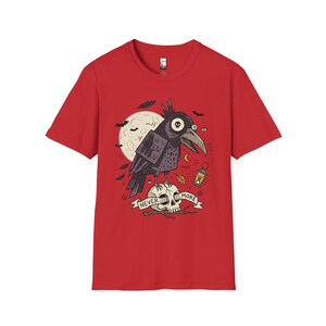Halloween Raven Skull Shirt | Gothic Crow Graphic Tee | Full Moon T Shirt | Dark Academia Tattoo Flash Top | Spooky Season Fall Gift Tee Red