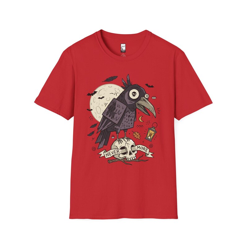 Halloween Raven Skull Shirt | Gothic Crow Graphic Tee | Full Moon T Shirt | Dark Academia Tattoo Flash Top | Spooky Season Fall Gift Tee Red