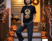 Halloween Black Cat Shirt | Skull Pumpkin Graphic Tee | Gothic Tattoo Flash T Shirt | Spooky Season Cat Lover Gift | Dark Academia Fall Top