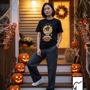Halloween Black Cat Shirt | Skull Pumpkin Graphic Tee | Gothic Tattoo Flash T Shirt | Spooky Season Cat Lover Gift | Dark Academia Fall Top