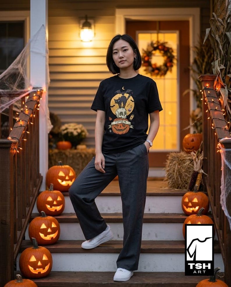 Halloween Black Cat Shirt | Skull Pumpkin Graphic Tee | Gothic Tattoo Flash T Shirt | Spooky Season Cat Lover Gift | Dark Academia Fall Top